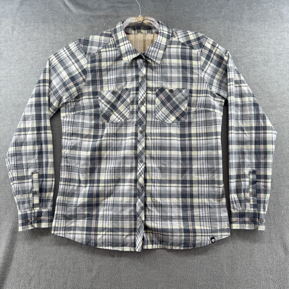 Marmot Womens XL Gray Green Plaid Button Up Hiking Shirt Long Sleeve Pocket